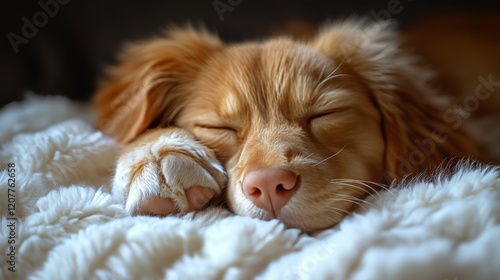 Golden retriever puppy sleeping peacefully on a cozy blanket in a calm indoor...