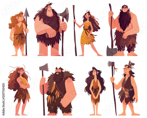 Cartoon cave people. Prehistoric cavemen and cavewomen with spears primitive tools, ancient stone age tribe set vector illustration