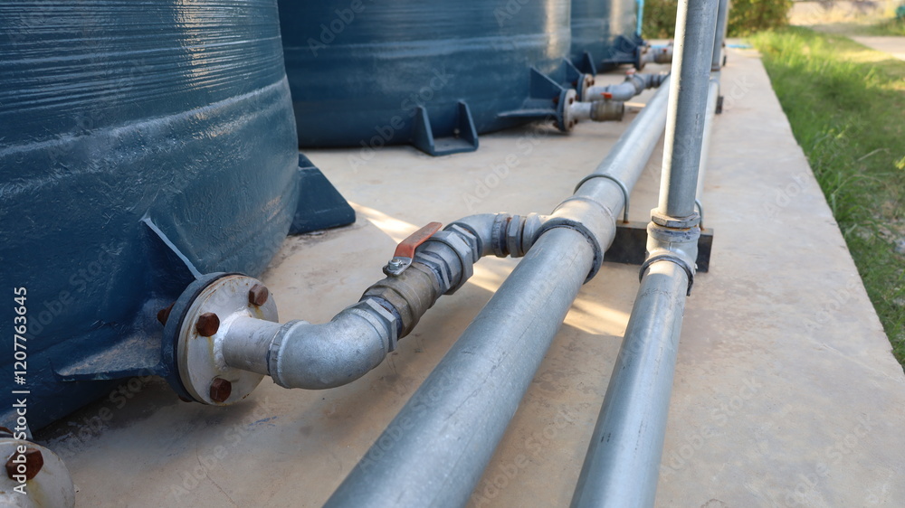 Water pipes and valves. Metal pipes and pipe fittings with ball valves connecting metal pipes to water tanks of water supply system on a cement background with copy space. Selective focus Water pipes and valves. Metal pipes and pipe fittings with ball valves connecting metal pipes to water tanks of water supply system on a cement background with copy space. Selective focus