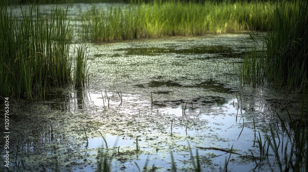 Murky water reflecting greenery in a rice field showcasing nature's wetlands and biodiversity in a national park setting Murky water reflecting greenery in a rice field showcasing nature's wetlands and biodiversity in a national park setting