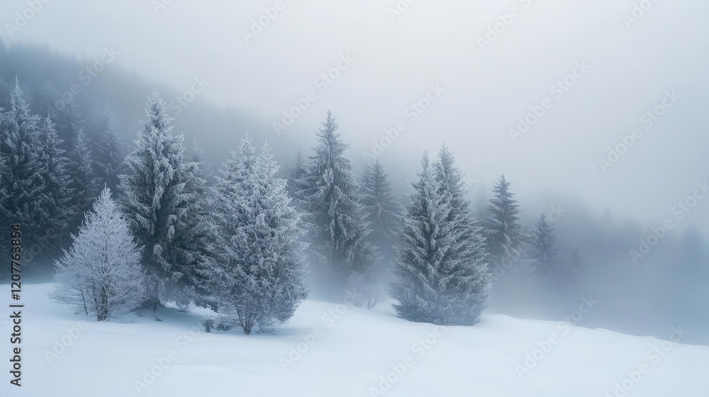 Fototapeta premium Foggy Winter Landscape with Snow-Covered Pines and Soft Light in a Dense Woodland Setting