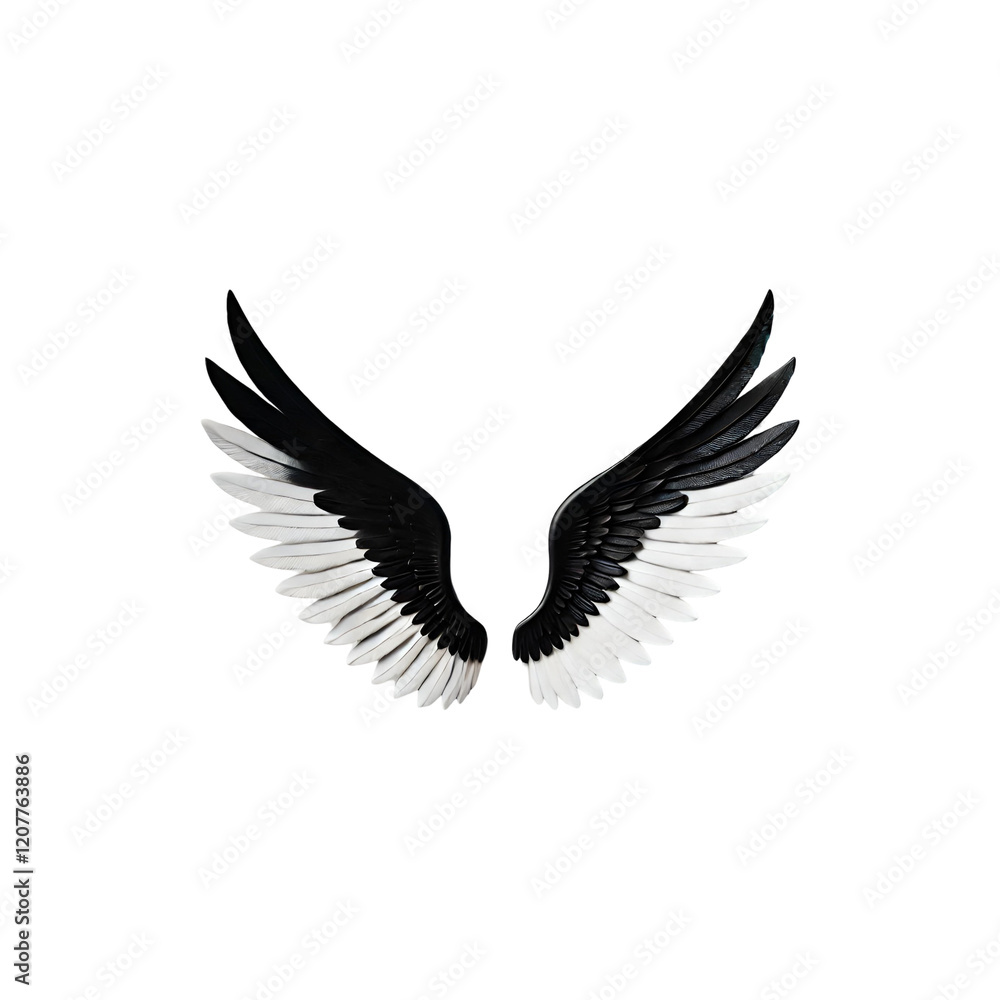 Fototapeta premium Striking black and white angel wings against a transparent background.