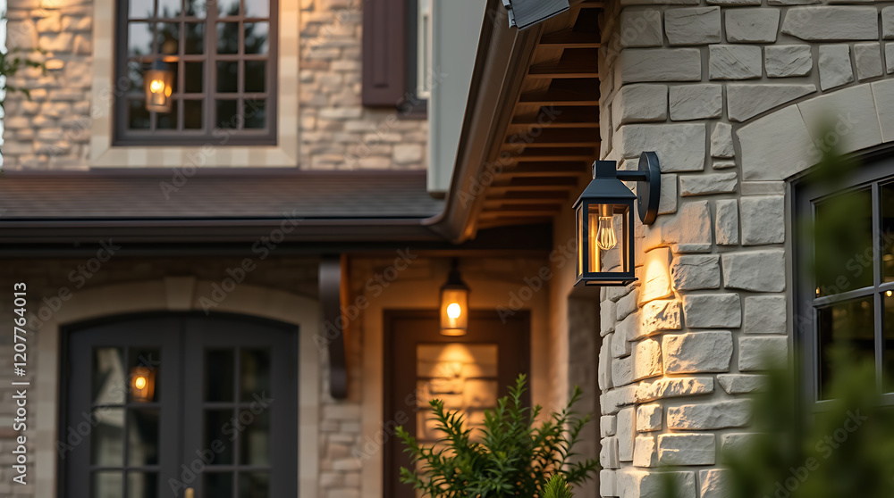 Illuminated Exterior of a Luxurious Stone House at Night. Captivating Architectural Details and Warm Lighting Enhance the Home's Charm and Elegance. Illuminated Exterior of a Luxurious Stone House at Night. Captivating Architectural Details and Warm Lighting Enhance the Home's Charm and Elegance.
