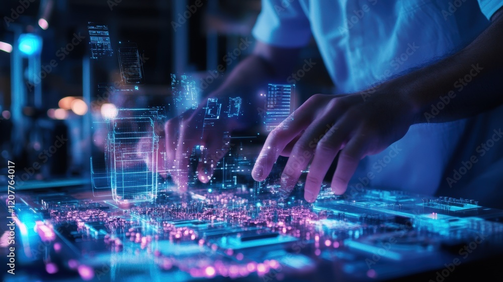 Obraz premium Software engineer interacting with a holographic interface in augmented reality, programming a 3d model of a smart city and managing data flow in an innovative environment