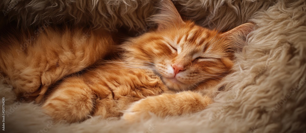 Ginger cat with fluffy wild fur peacefully sleeping in human arms on soft beige fur background with ample empty space for text Ginger cat with fluffy wild fur peacefully sleeping in human arms on soft beige fur background with ample empty space for text