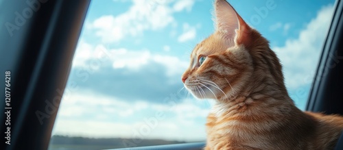 Curious ginger cat perched on owner's lap in car, gazing out of window against a backdrop of blue sky and clouds, ideal for text overlay.