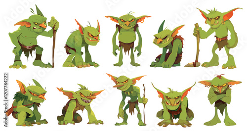 Cartoon goblins. Green fantasy monster characters poses, evil ugly fairy tale creature troll mascot set vector illustration