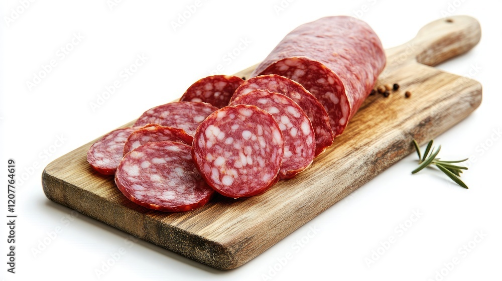 Hard salami slices arranged on a rustic wooden cutting board with herbs against a clean white background Hard salami slices arranged on a rustic wooden cutting board with herbs against a clean white background