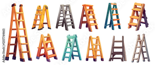 Cartoon ladders. Wooden metal aluminium stepladder design, construction climbing work stair equipment vector illustration