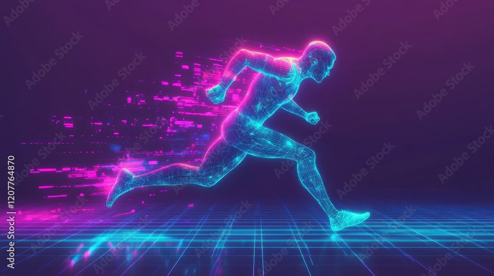 Futuristic Digital Runner in Cyber Space with Neon Effects Futuristic Digital Runner in Cyber Space with Neon Effects
