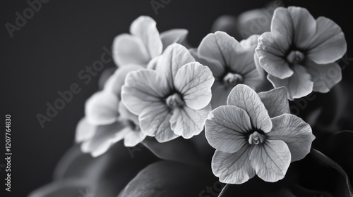 Grayscale Monochromatic Arrangement of Delicate African Violet Blooms in Soft Focus photo