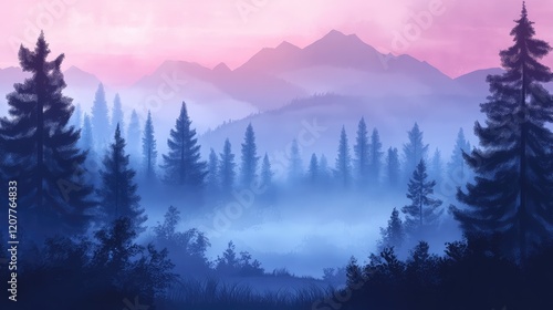 Twilight Misty Forest Landscape with Purple Pink Sky and Silhouetted Pine Trees in Tranquil Nature Setting
