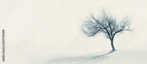 Serene Winter Landscape with Bare Tree Silhouette Against a Soft White Background for Minimalist Poem Art and Text Space