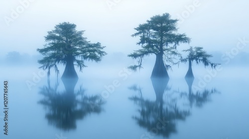 Serene misty landscape featuring ancient trees reflected in calm water, bathed in soft blue hues, creating a tranquil atmospheric scene.