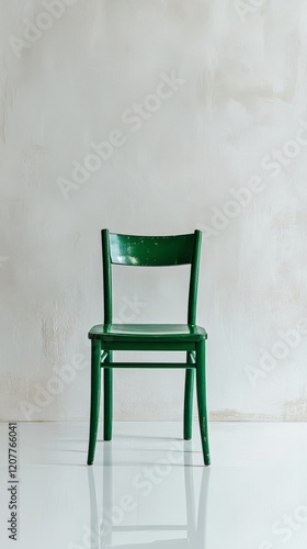 Empty green chair against a minimalist wall in a quiet indoor space