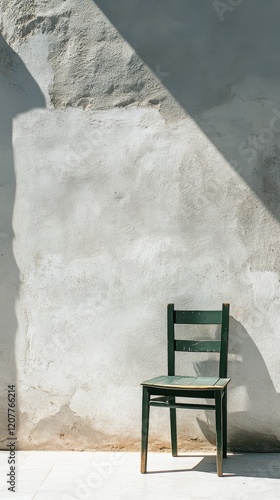 Empty green chair against a minimalist wall in a quiet indoor space