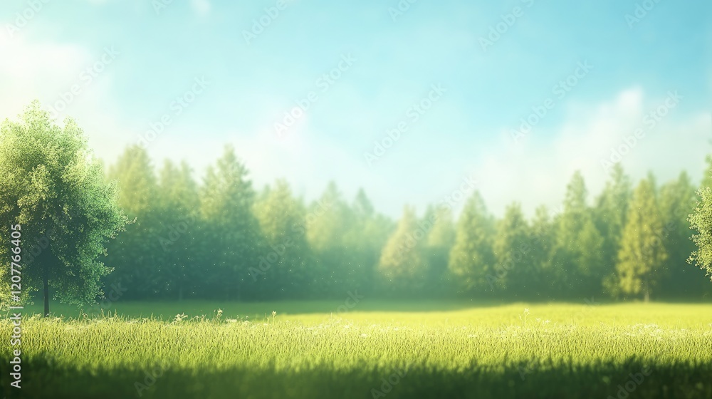 Obraz premium Panoramic Summer Forest Scene with Soft Focus Bokeh Effect Under Bright Blue Sky and Lush Green Meadow with Gentle Clouds