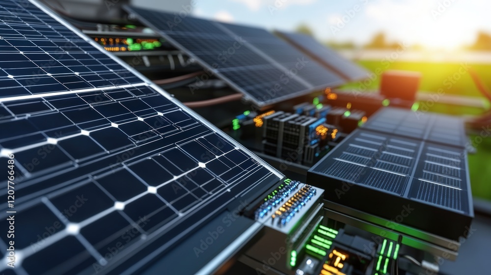 Close-Up View of Solar Panels with Bright Sunlight and Technology Features Close-Up View of Solar Panels with Bright Sunlight and Technology Features