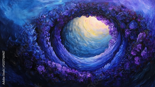 Abstract Swirling Tunnels in Shades of Blue and Violet With Warm Yellow Light at Center Creating a Mystical Atmosphere photo