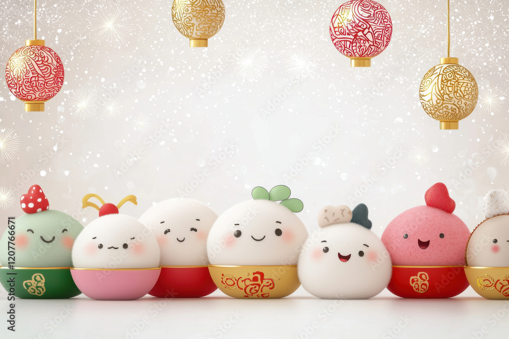 Cute animated dumplings in colorful bowls, celebrating festive atmosphere with lanterns and sparkles. Perfect for conveying joy and celebration