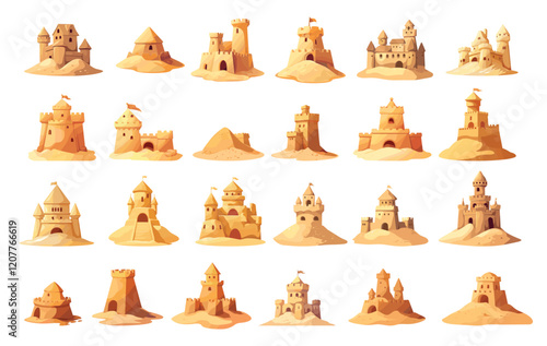 Cartoon sandcastles set. Sand towers castles fort, beach children play summer sculpture, sea vacation vector illustration