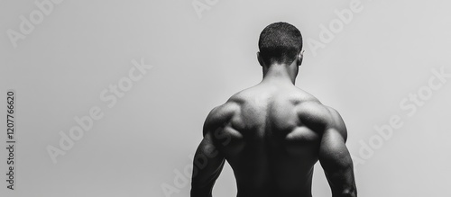 Muscular man showing defined six pack abs and strong back viewed from behind against a soft grey studio backdrop for men's fitness health concepts