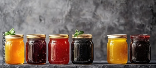 Assorted glass jars containing various jams and marmalades positioned against a textured gray background, with empty space for text on one side. photo