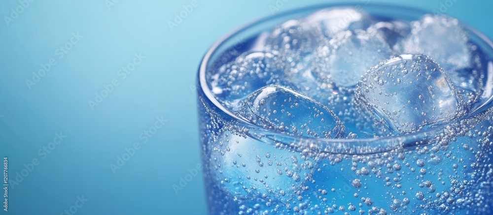 Close up of sparkling mineral water with effervescent bubbles in a clear glass against a cool blue background featuring ice cubes and ample copy space. Close up of sparkling mineral water with effervescent bubbles in a clear glass against a cool blue background featuring ice cubes and ample copy space.