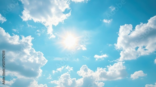 Fototapeta Naklejka Na Ścianę i Meble -  Bright sunny day with light blue sky and fluffy white clouds creating a serene and joyful atmosphere suitable for various backgrounds.