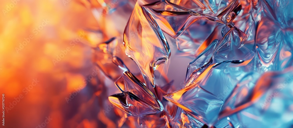 Vibrant Abstract Glass Formation with Fiery and Cool Tones, Featuring Dynamic Shapes and Textural Depth in Close-Up Macro View Vibrant Abstract Glass Formation with Fiery and Cool Tones, Featuring Dynamic Shapes and Textural Depth in Close-Up Macro View