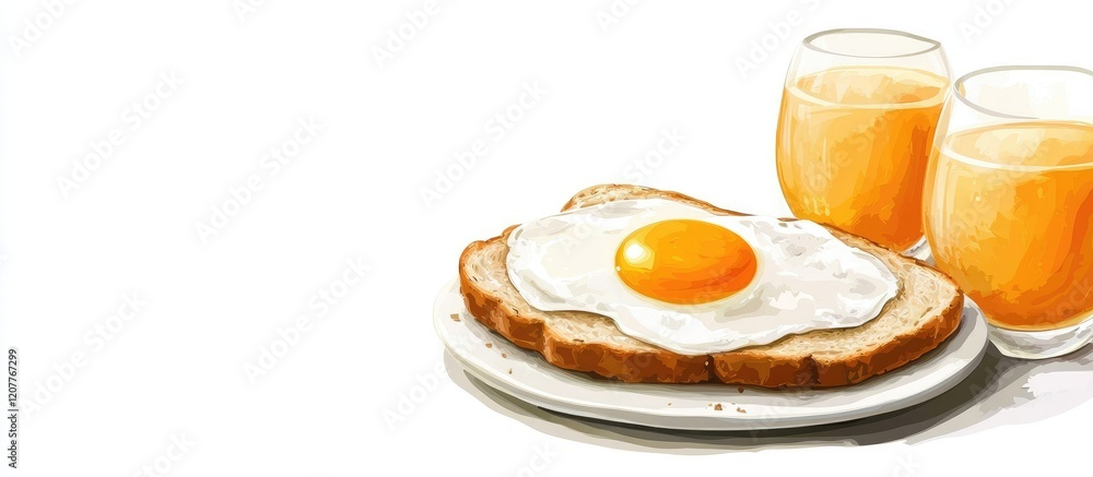 Breakfast scene featuring fried eggs on toast with a sunny side up egg, accompanied by two glasses of orange juice on a white background with empty space for text. Breakfast scene featuring fried eggs on toast with a sunny side up egg, accompanied by two glasses of orange juice on a white background with empty space for text.