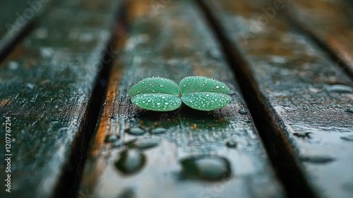 Unique clover plant grows on weathered wooden surface with soft glowing backg...
