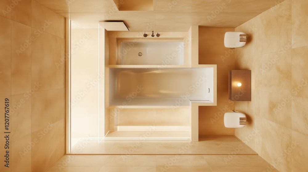The top view of the beige hotel bathroom interior showcases a luxurious and spacious design with a tub, sink, and a panoramic window that bathes the space in natural light. The top view of the beige hotel bathroom interior showcases a luxurious and spacious design with a tub, sink, and a panoramic window that bathes the space in natural light.