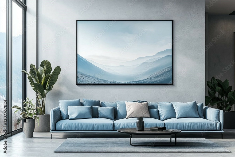 Fototapeta premium Living room sofa wall poster mockup. Interior mockup with house background