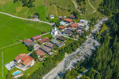 Die kleine Ortschaft Boden im Bezirk Reutte im Tiroler Außerfern im Luftbild photo