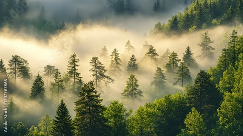 Enigmatic misty forest landscape at dawn featuring lush green trees with soft fog creating a serene atmosphere in nature's tranquility.