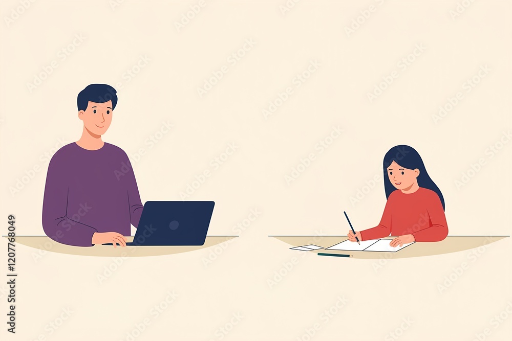 llustration a man with her child at home, both engaged in separate activities the man on her laptop and the child with schoolwork. llustration a man with her child at home, both engaged in separate activities the man on her laptop and the child with schoolwork.