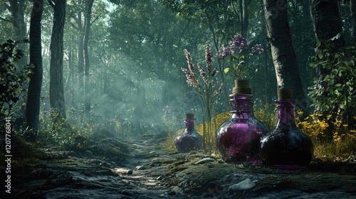 Colorful potion bottles placed in a lush green enchanted forest, surrounded by vibrant flowers, soft sunlight filtering through trees, atmospheric mist. photo