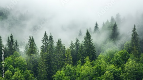 Lush green rainforest with misty shrouded fir trees creating a mysterious atmosphere in a tranquil natural backdrop.