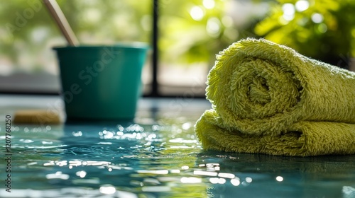 Towels and cleaning supplies by a sparkling swimming pool on a sunny day