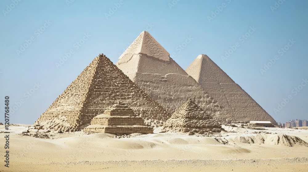 Great Pyramids of Giza Showcasing Ancient Egyptian Architectural Mastery and Historical Significance in Desert Landscape Great Pyramids of Giza Showcasing Ancient Egyptian Architectural Mastery and Historical Significance in Desert Landscape