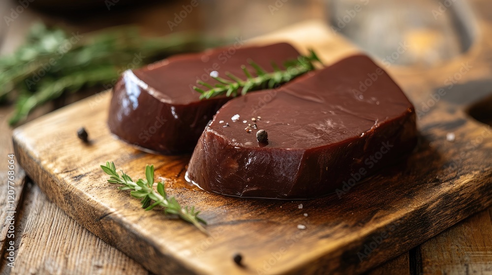 Goose liver on rustic wooden board garnished with herbs ready for gourmet cooking Goose liver on rustic wooden board garnished with herbs ready for gourmet cooking