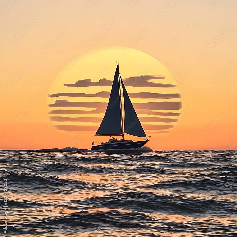 Fototapeta premium A sailboat sails across the ocean with a sunset behind it. The sky is a warm orange, the waves are blue, and the boat is a dark blue. ,