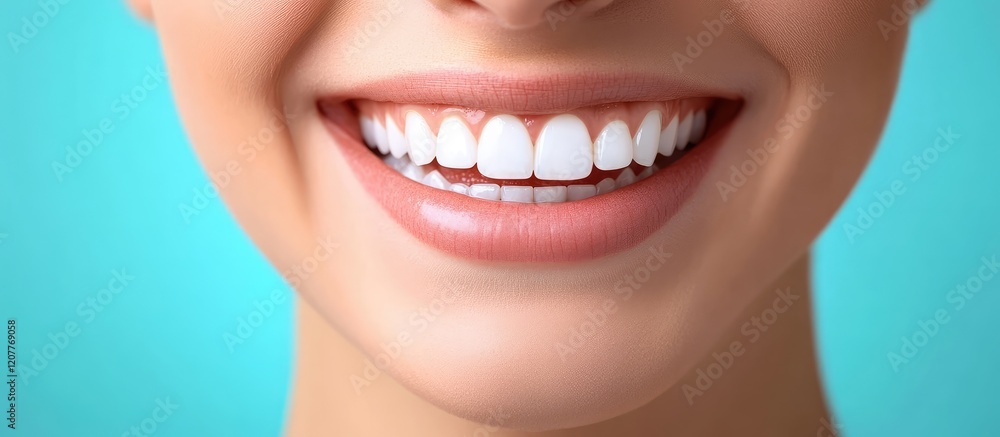 Obraz premium Smiling healthcare professional with perfect teeth against a turquoise backdrop with empty space for text, dental theme, close-up portrait.