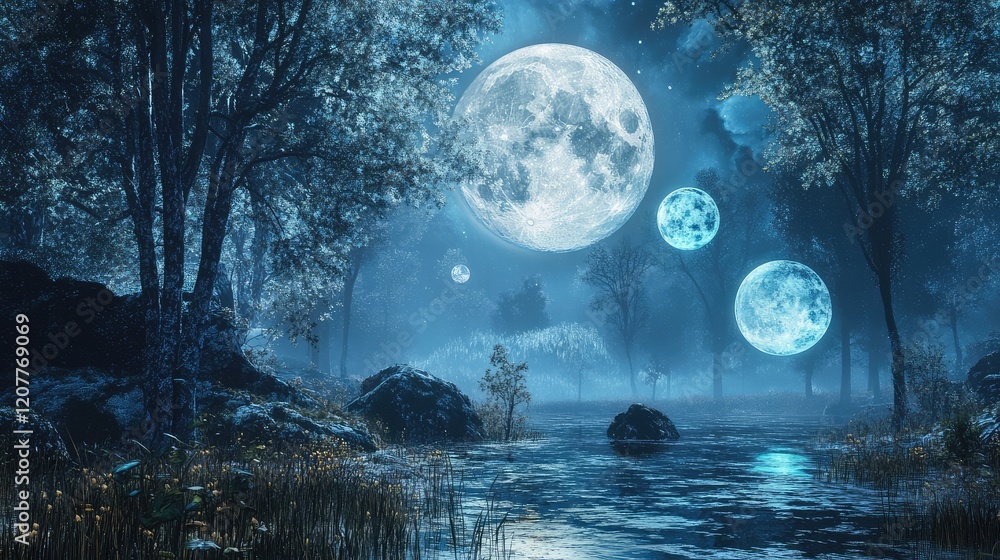 Enchanting Blue Moonlit Forest Scene with Whimsical Trees Floating Spheres Reflecting on Water in Night Sky Setting Enchanting Blue Moonlit Forest Scene with Whimsical Trees Floating Spheres Reflecting on Water in Night Sky Setting