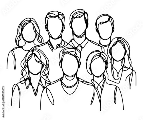 Abstract one line art of eight faceless individuals in a group portrait. vector illustration