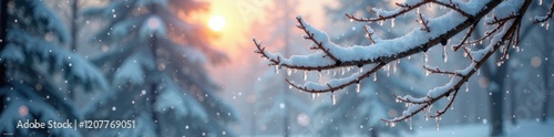 Snow falls like tears on the branches of bare trees, morning, falling tears, tears