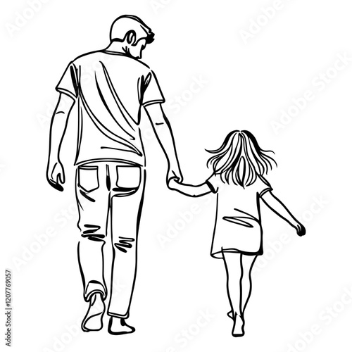 Line art of father and daughter walking together with holding hands. vector illustration 