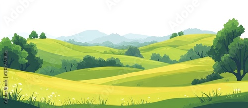 Green rolling hills with lush green fields and vibrant trees on a white background ideal for agricultural themes summer season promotional materials photo