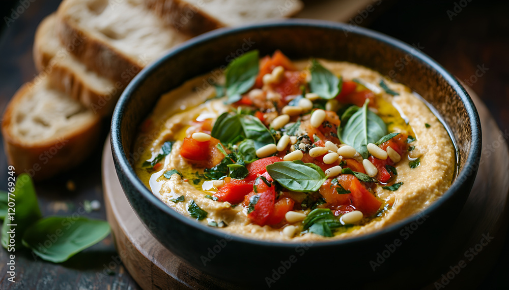 Hummus in a bowl with vegetables (red pepper) pine nuts and bread, close-up, horizontal Hummus in a bowl with vegetables (red pepper) pine nuts and bread, close-up, horizontal